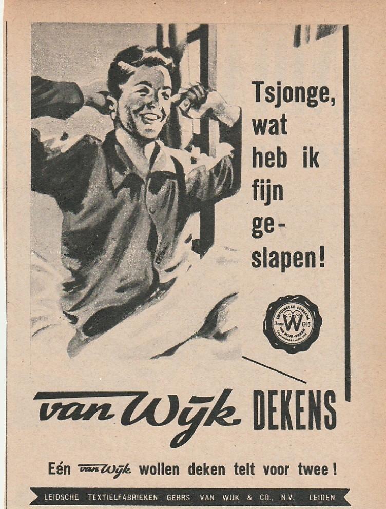 Retro reclame 1949 Van Wijk Leiden wollen dekens jongen, Verzamelen, Retro, Verzenden, Overige typen