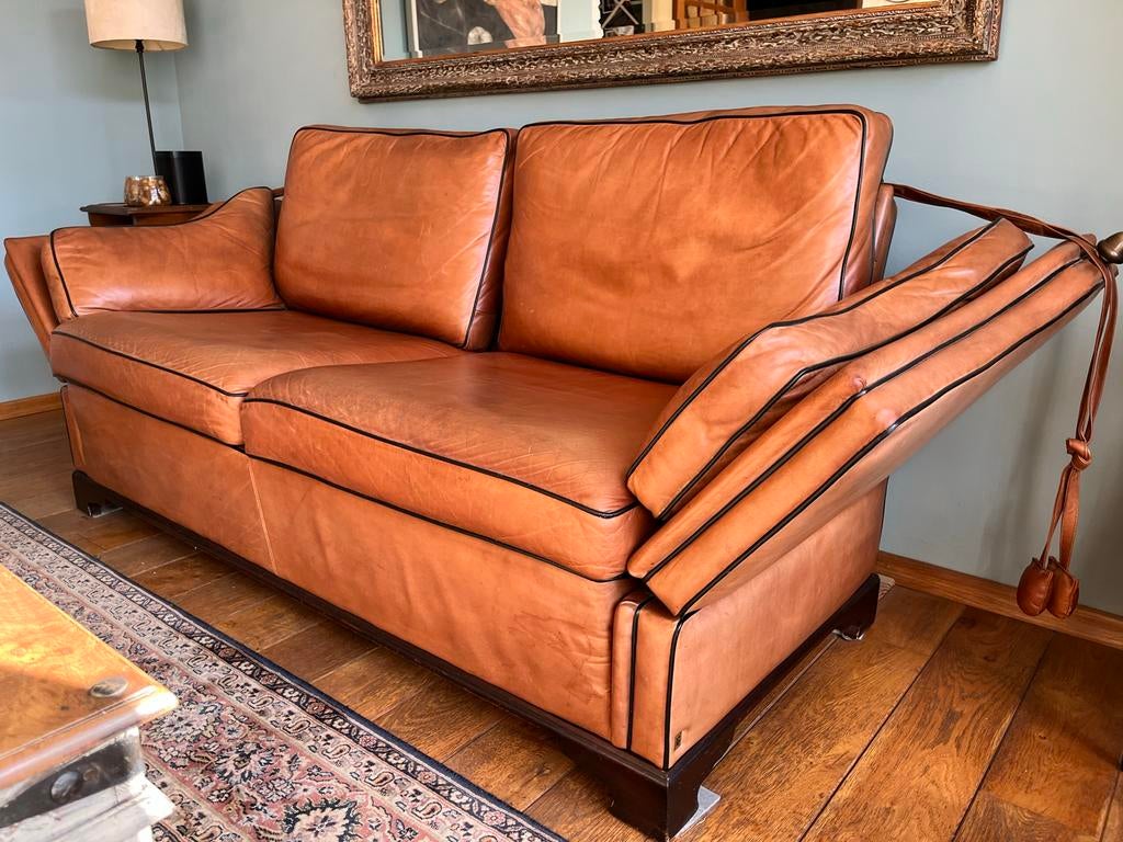 Leren 2-zitsbank met losse kussens - Vintage stijl., Huis en Inrichting, Ophalen, Gebruikt, 150 tot 200 cm, Tweepersoons