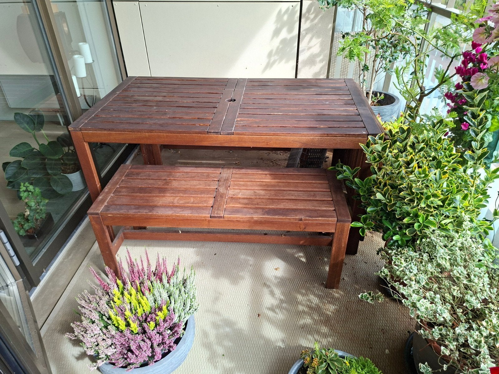Ikea Applaro tuintafel uitklapbaar met 2 banken, Tuin en Terras, Ophalen, Gebruikt, Vierkant, Hout