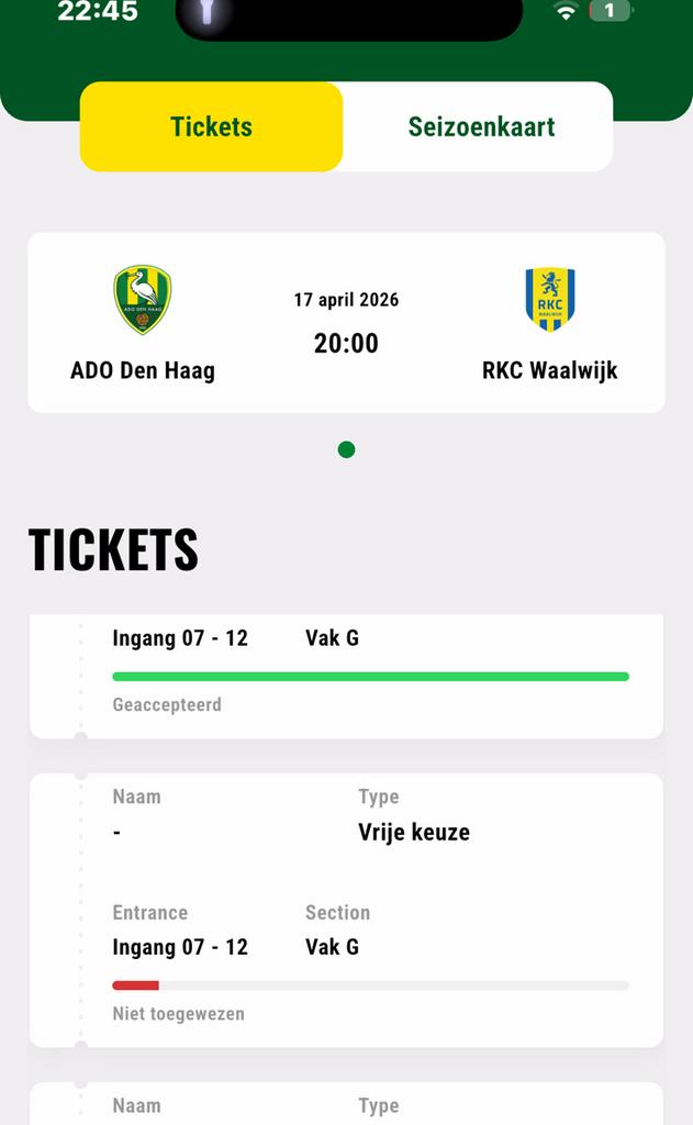 1 kaartje ADO - RKC vak G - 17 april, Tickets en Kaartjes, Sport | Voetbal, Losse kaart, Eén persoon, April