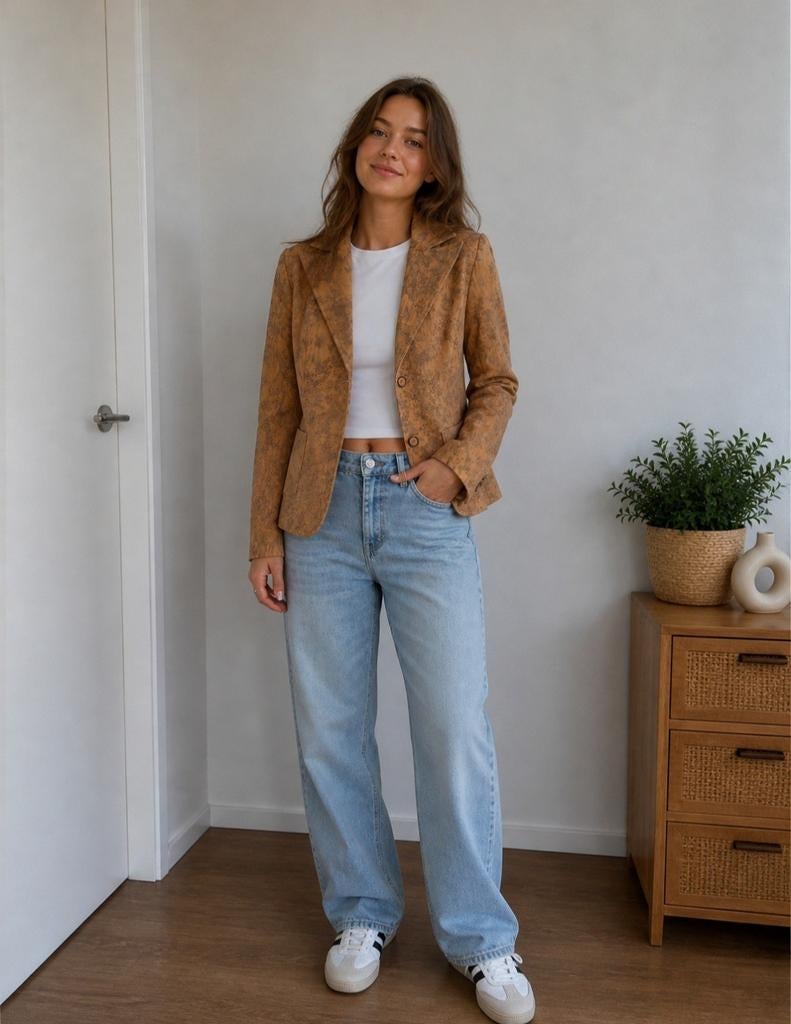 Stijlvol okergele blazer  met Print - Maat 40, Maat 38/40 (M), Bruin, Ophalen of Verzenden, Jasje