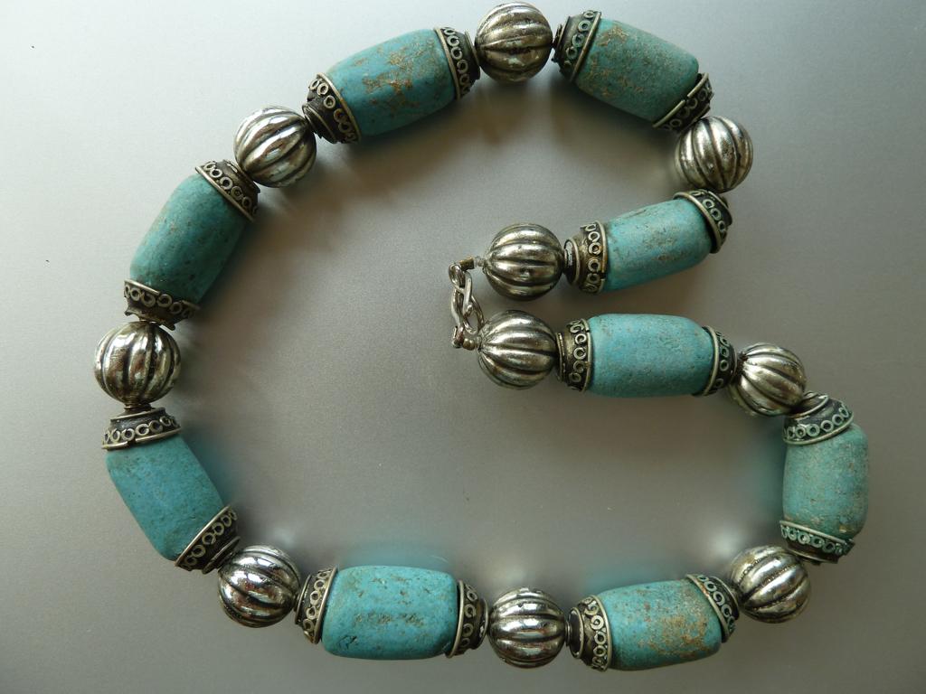 Griekse ketting, turkoois & zilveren kralen, haaksluiting, Verzenden, Gebruikt, Blauw, Overige materialen