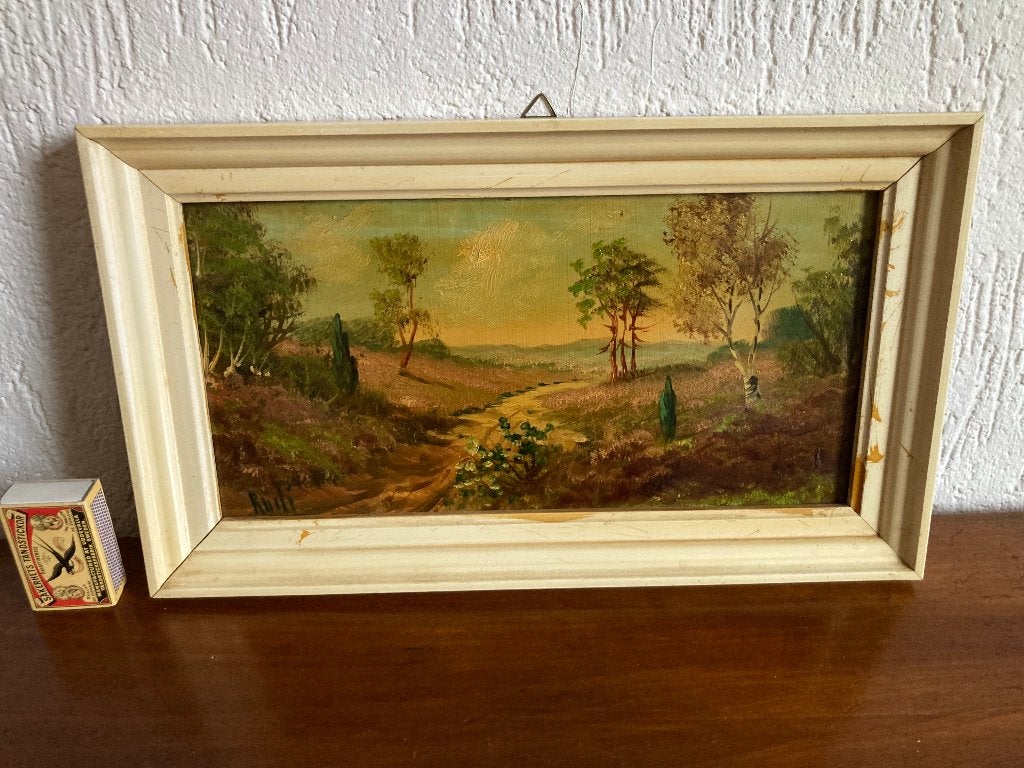 klein schilderijtje met heidepaadje door weids landschap, Minder dan 50 cm, Gebruikt, Oorspronkelijke maker, Ophalen of Verzenden