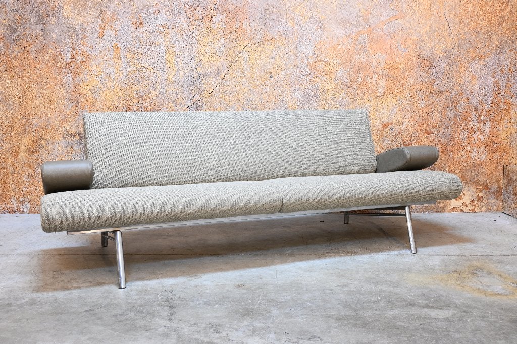 OPNIEUW beklede Harvink Armslag designbank beige leer + stof, Harvink, 150 tot 200 cm, Driepersoons, 75 tot 100 cm
