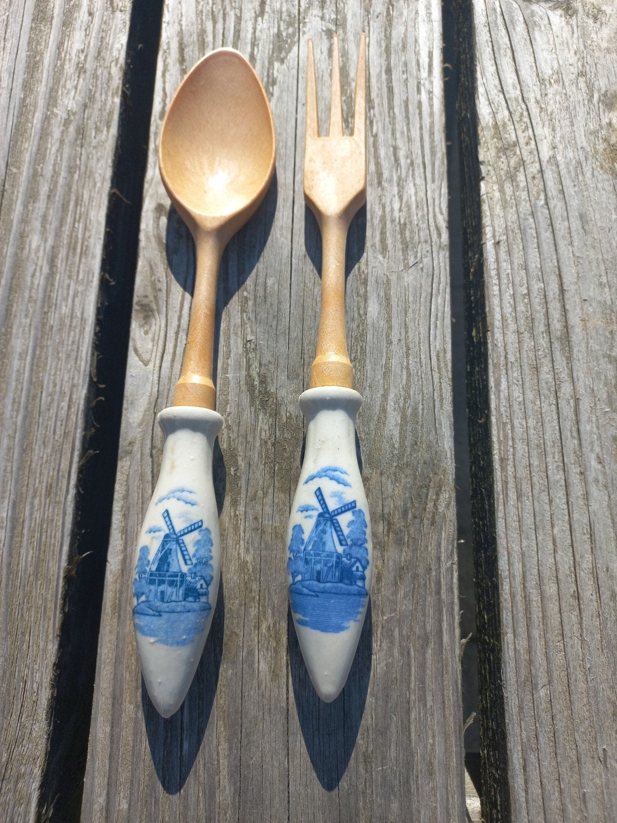 Delfstblauw bestekset: lepel en vork met molenmotief, Ophalen of Verzenden