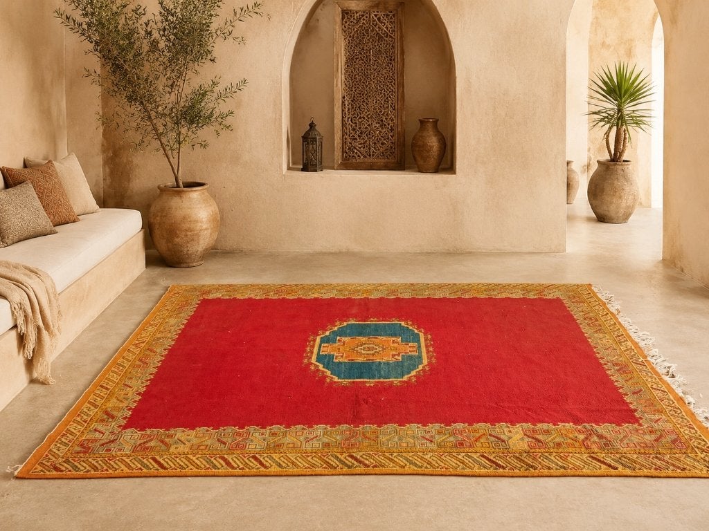 Handgewoven Marokkaanse rode tapijt, Blauw, Ophalen of Verzenden, 200 cm of meer, Rechthoekig