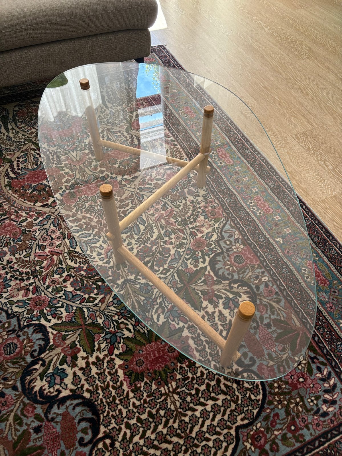 Unieke glazen salontafel met bamboe poten, Ophalen, 100 tot 150 cm, 50 tot 100 cm, Ovaal