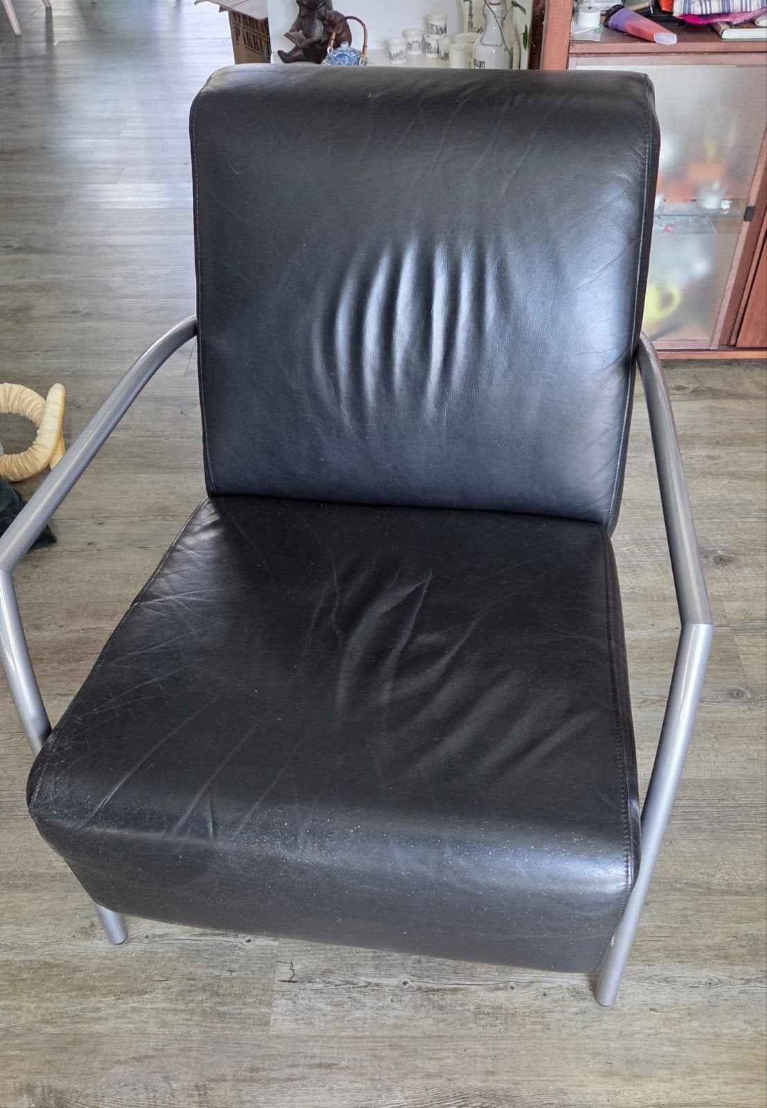 Zwart leren stoelen, Montel, Ophalen, Gebruikt, 50 tot 75 cm, Leer