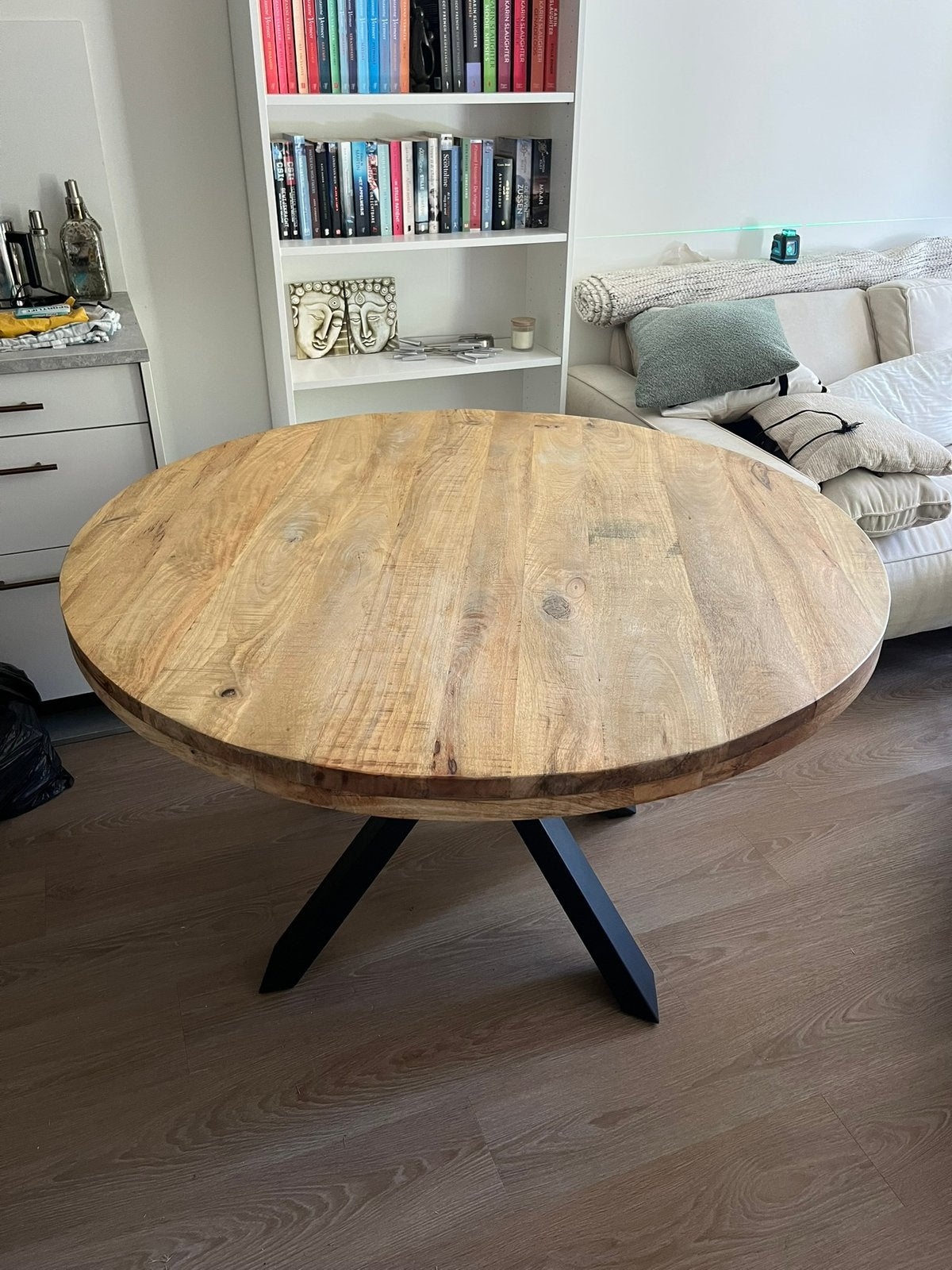 Houten eettafel, Ophalen, 100 tot 150 cm, Rond, Zo goed als nieuw