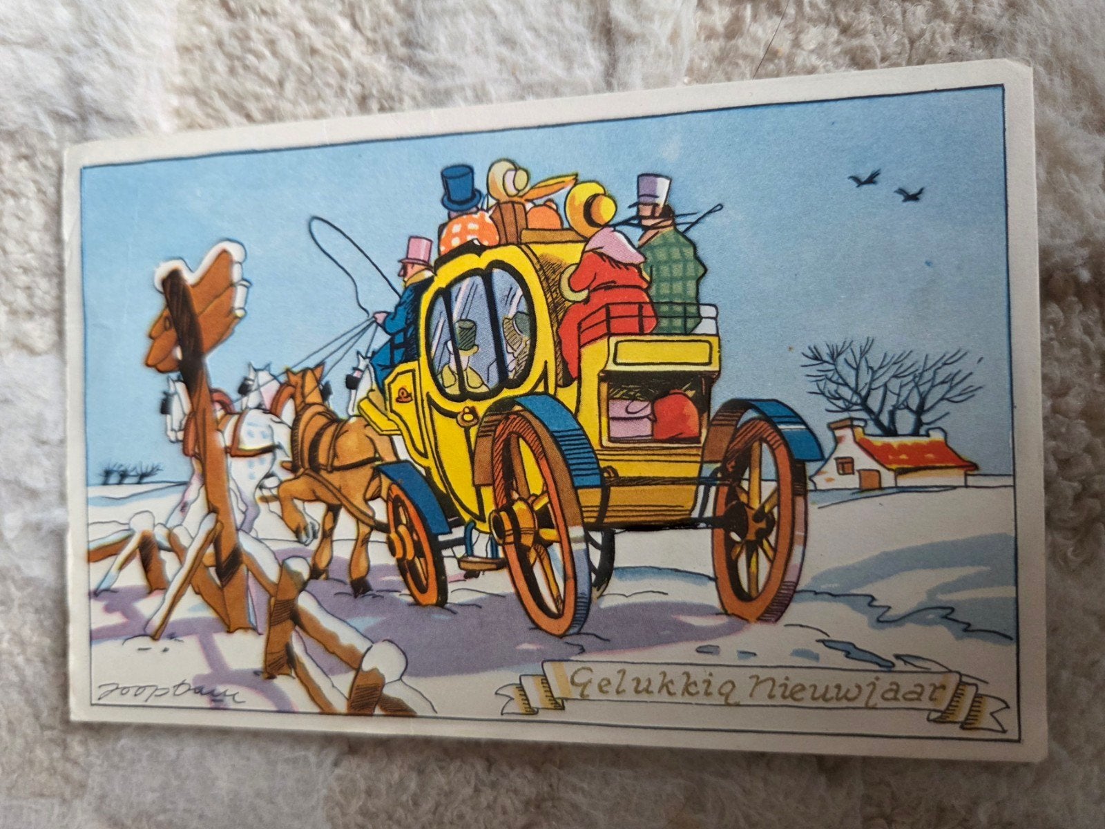Antieke Nieuwjaarskaart - Koets met paarden, Verzamelen, Verzenden, 1920 tot 1940, Gelopen, Feest(dag)