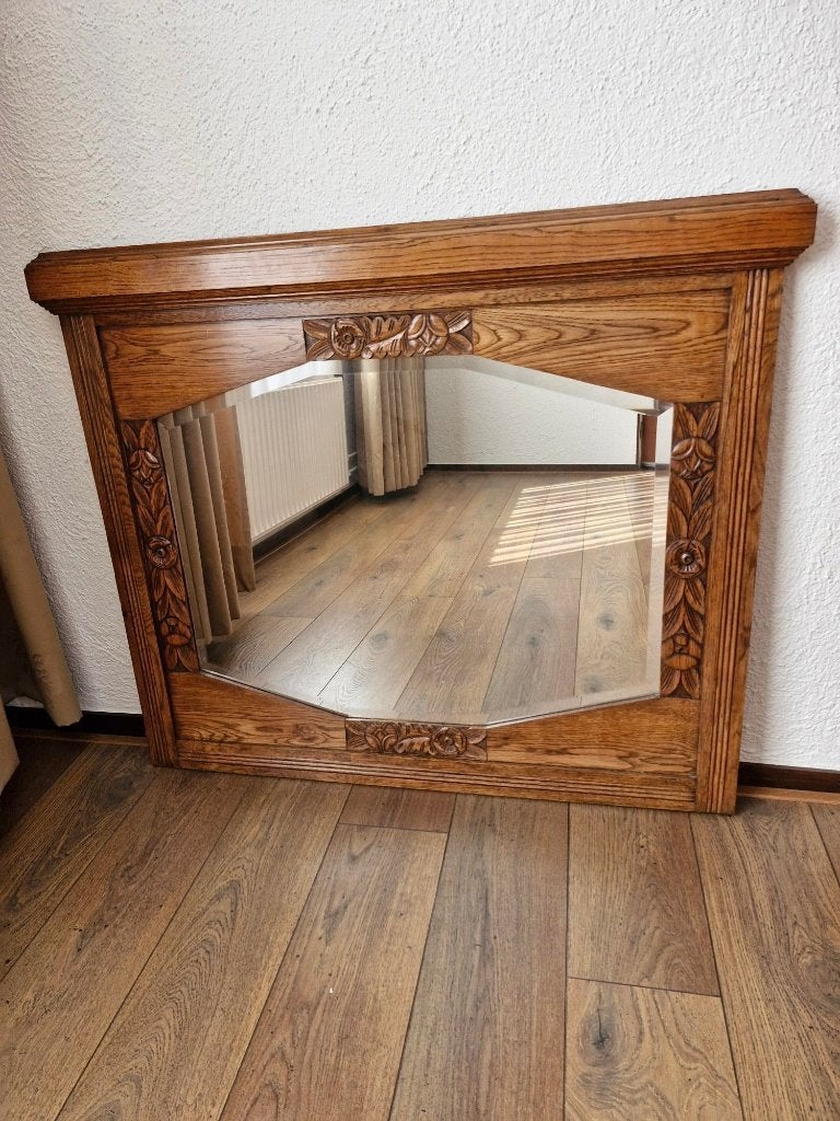 Facetrand spiegel met robuust omrandde eikenhout lijst, Huis en Inrichting, Woonaccessoires | Spiegels, Ophalen, Zo goed als nieuw