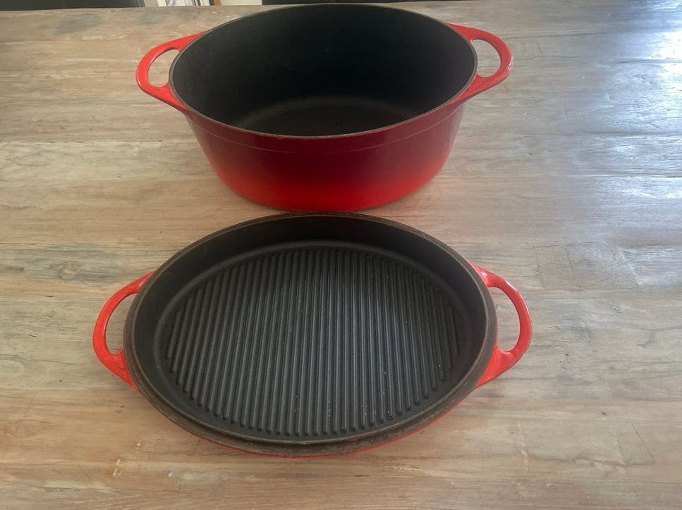 Le Creuset Cousances 32 Gietijzeren pan grilldeksel - rood, Gebruikt, Met deksel, Le Creuset, Ophalen of Verzenden