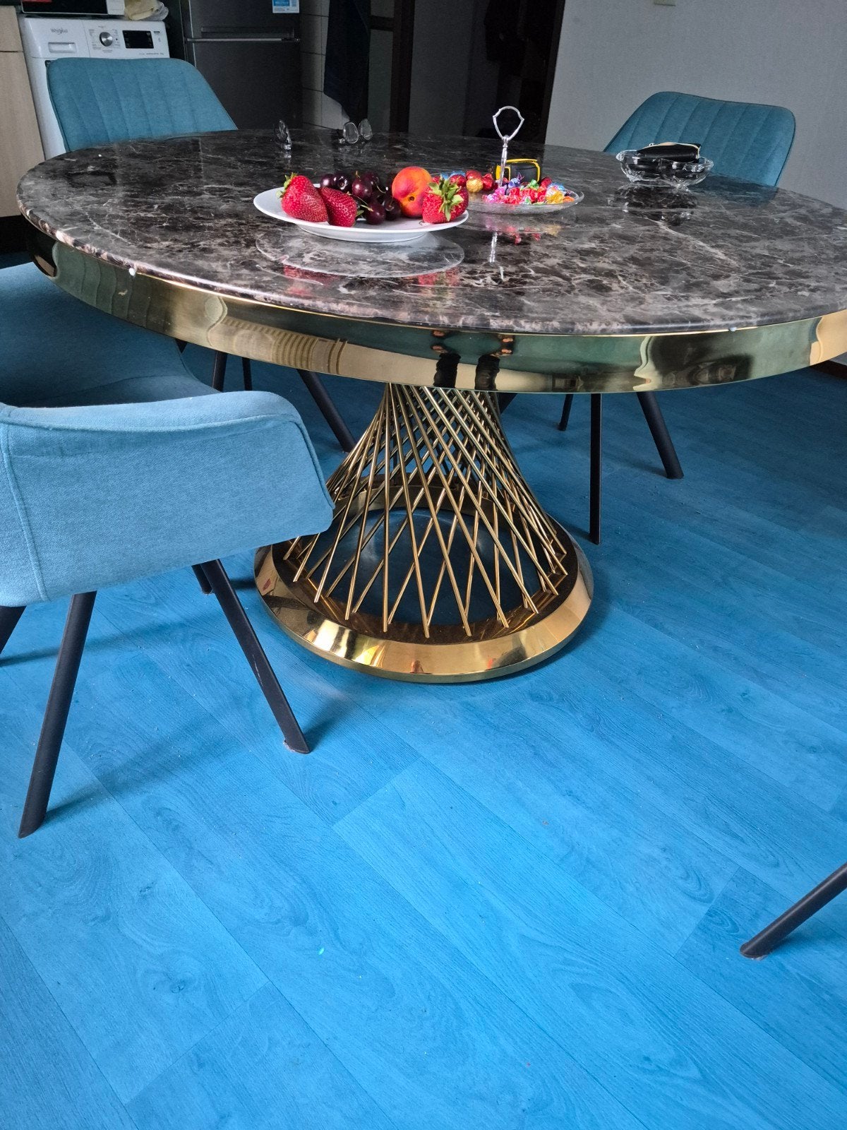 Luxe Ronde Eettafel met Kunstmarmer en Goudkleurig Onderstel, Ophalen of Verzenden