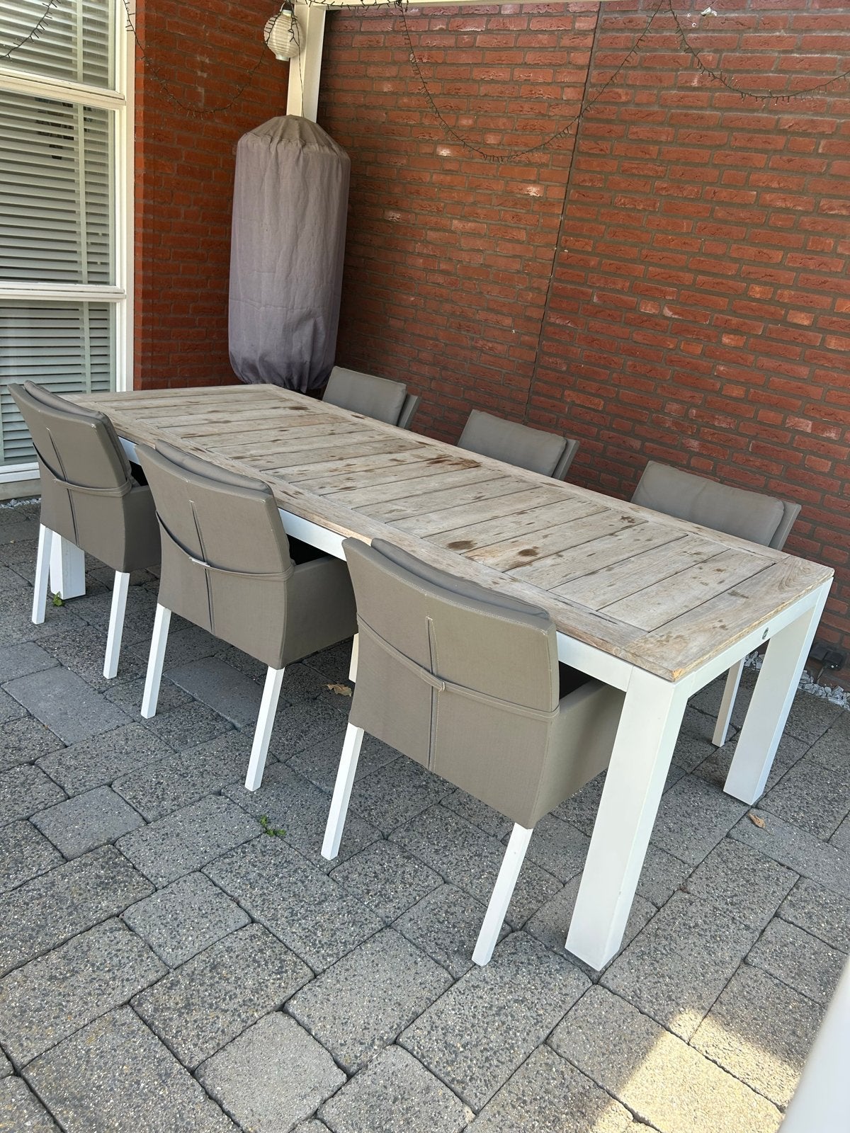 Suns tuinset met 6 stoelen - Teakhout en aluminium, Tuin en Terras, Gebruikt, Eettafel, 6 zitplaatsen, Teakhout