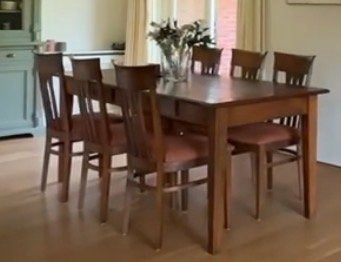 Elegante houten eettafel met 6 stoelen, Ophalen, 200 cm of meer, 50 tot 100 cm, Zo goed als nieuw