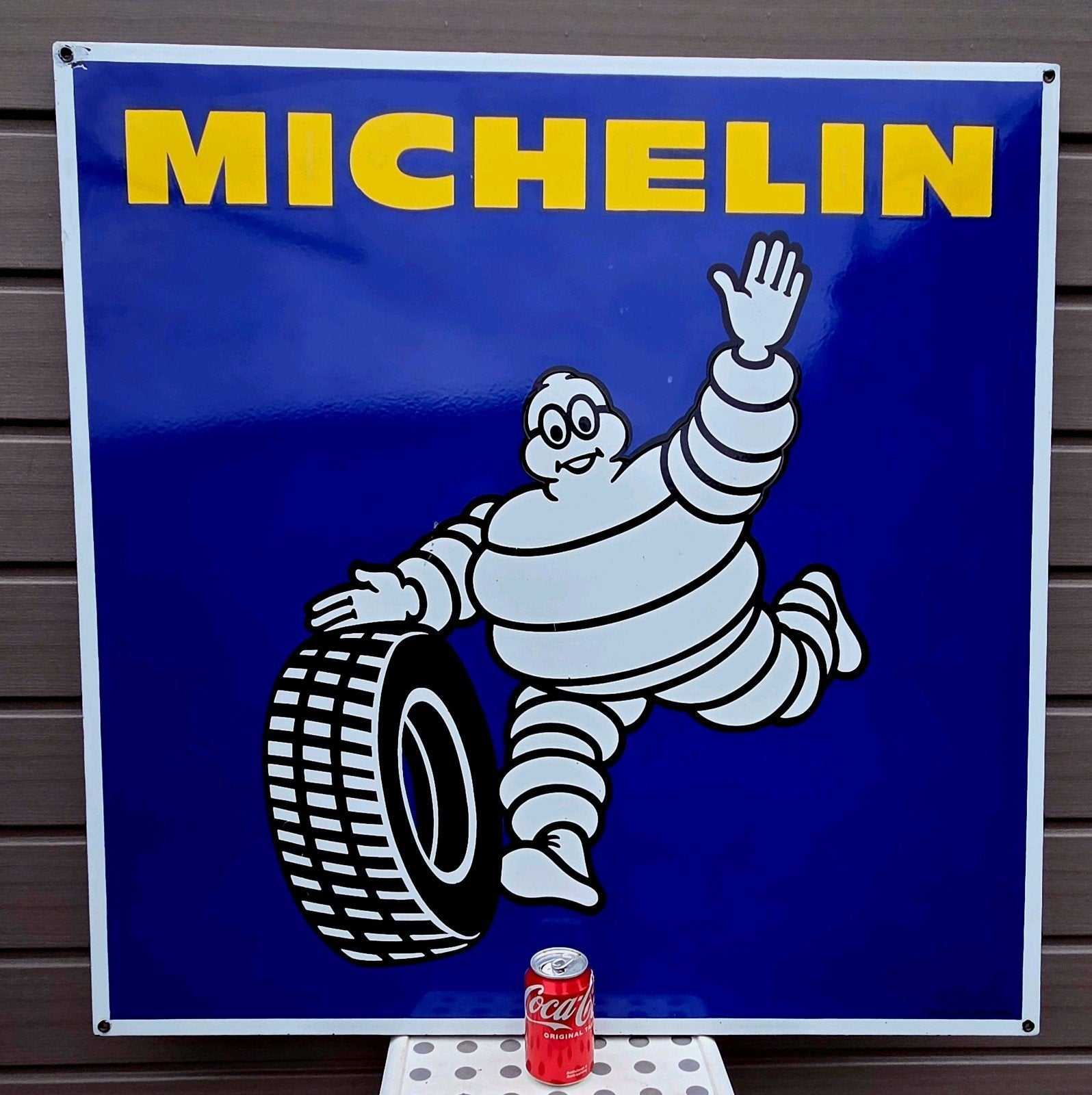 Bibendum Michelin XXL Emaille reclame bord 95x95CM, Verzamelen, Ophalen, Gebruikt, Reclamebord