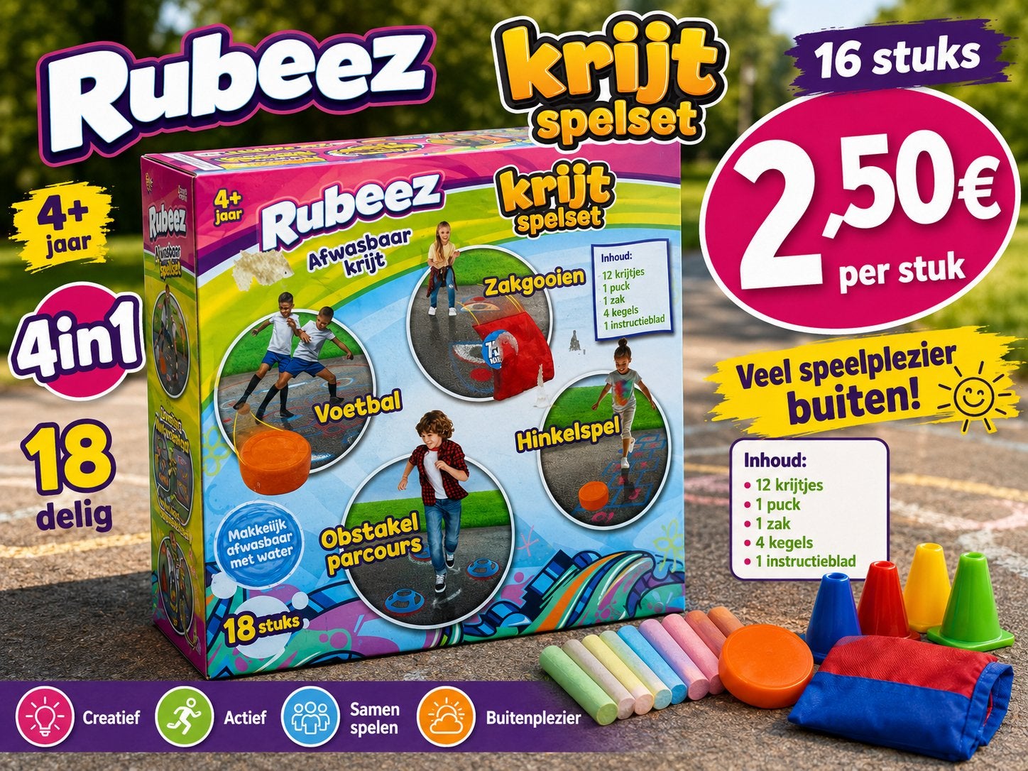 Rubeez Krijt Spelset - 4in1 Buitenspeelplezier, Ophalen of Verzenden, Nieuw
