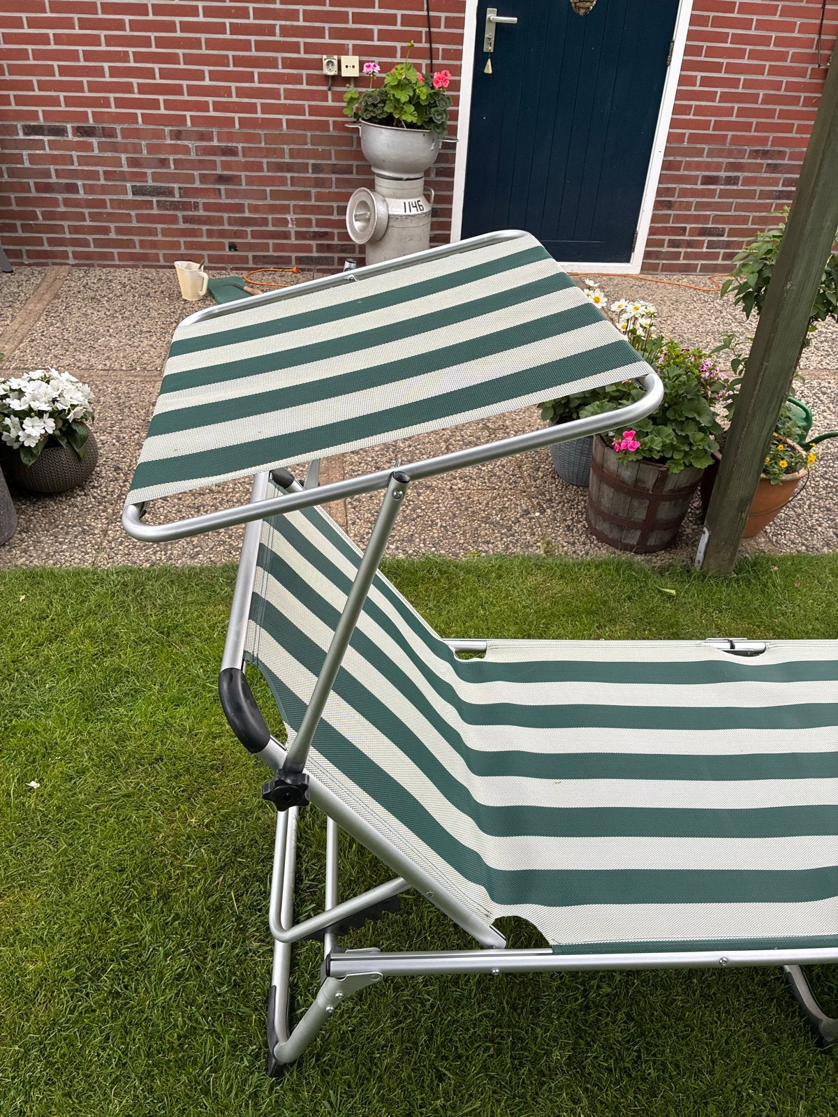 Stretcher 190x65 cm met verstelbare leuning en zonnescherm, Tuin en Terras, Ophalen of Verzenden, Zo goed als nieuw, Verstelbaar