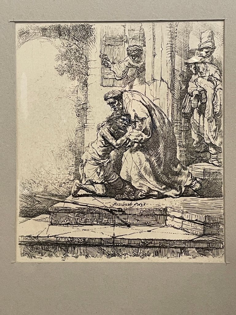 De verloren zoon - ets naar Rembrandt, Antiek en Kunst, Religie, Ophalen of Verzenden, Met passe-partout, 1950 - 1999