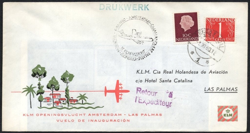 1e KLM vlucht Las Palmas 1960, Verzenden, Envelop