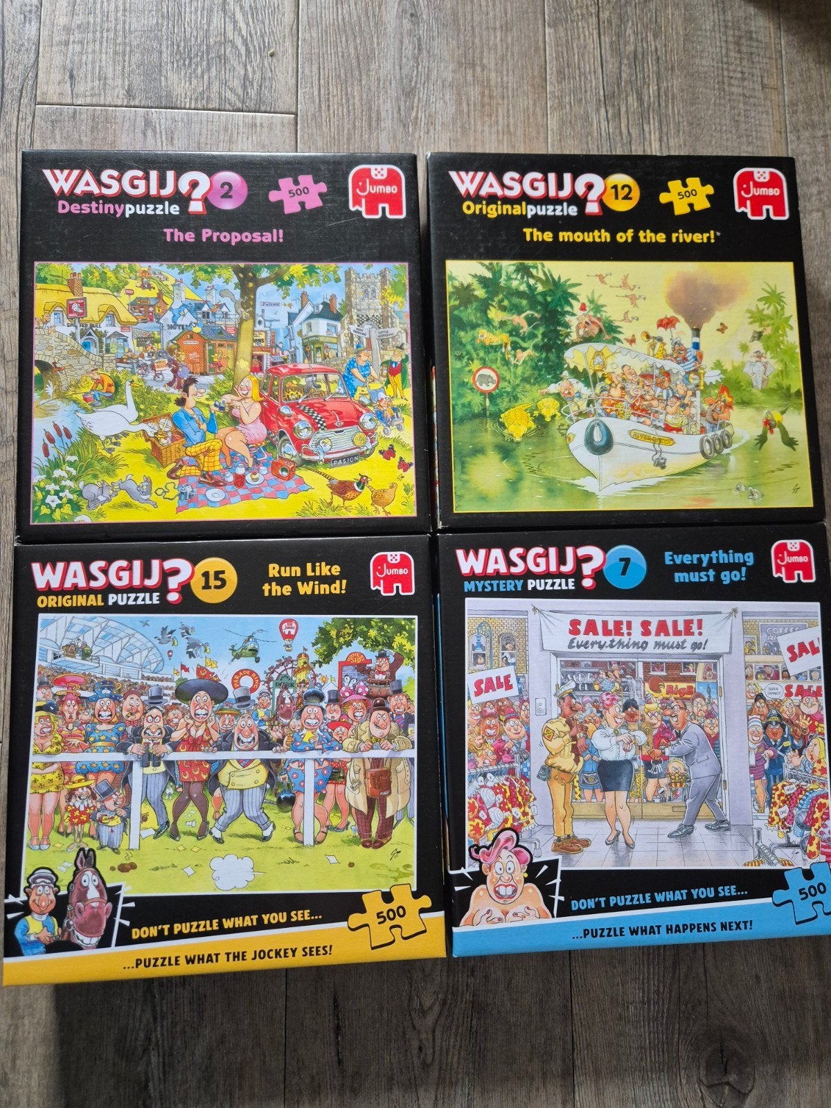 4 stuks wasgij puzzels 500 stukjes voor 15,-, Ophalen, 500 t/m 1500 stukjes, Zo goed als nieuw, Legpuzzel