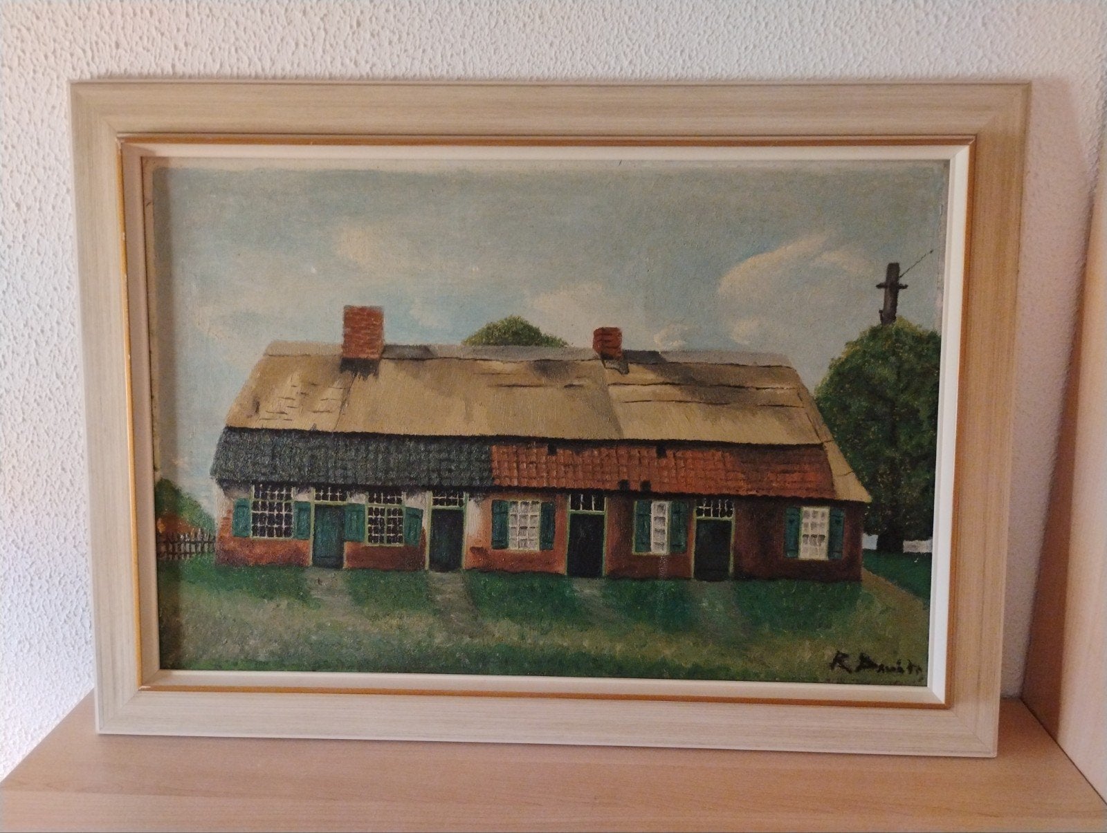 Schilderij boerderij met rieten dak, gesigneerd 70x50cm, Antiek en Kunst, Ophalen