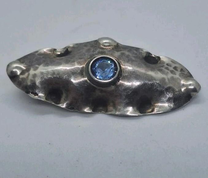 Antieke Amsterdamse School Zilveren Broche met Aquamarijn, 4 tot 7 cm, Gebruikt, Ophalen of Verzenden, Met edelsteen