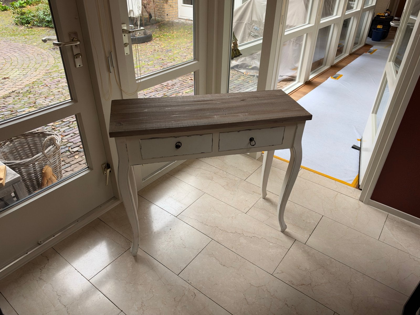 Landelijke whitewash sidetable met 2 lades, Huis en Inrichting, Ophalen, Gebruikt, 25 tot 50 cm, 50 tot 100 cm