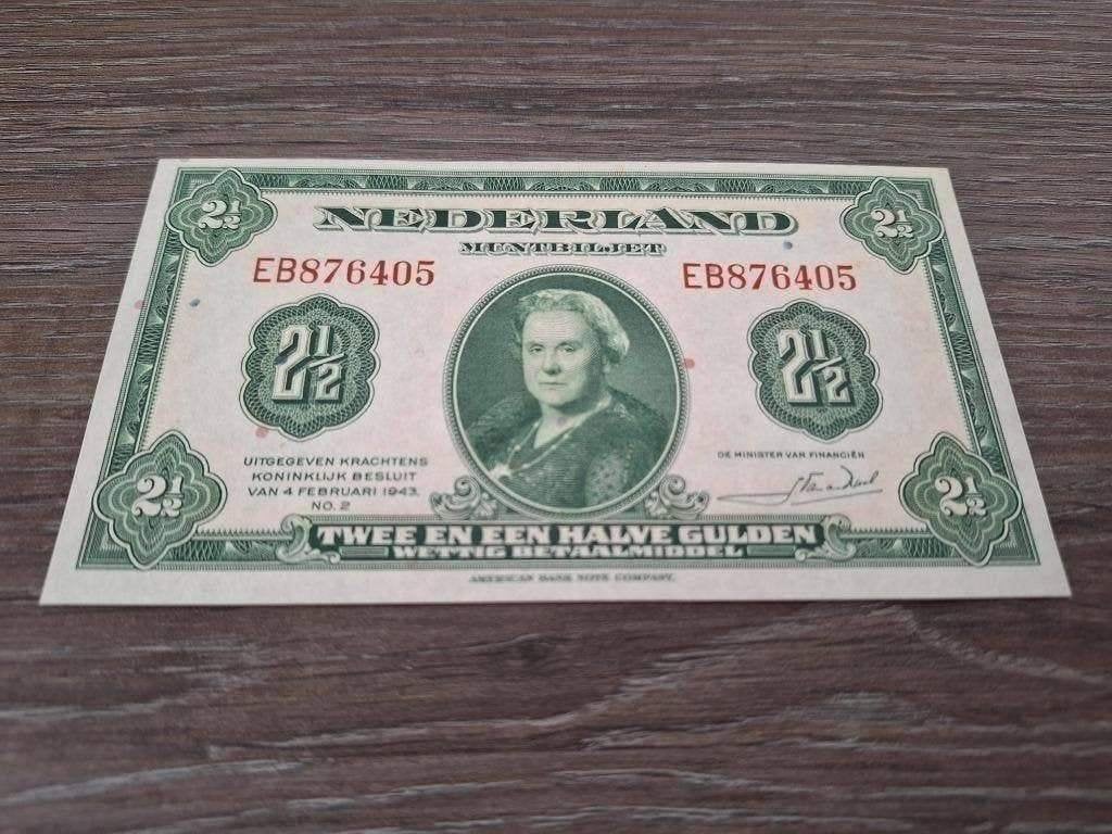 Bijna UNC biljet 2,5 gulden Wilhelmina, 1943, Postzegels en Munten, Bankbiljetten | Nederland, Ophalen of Verzenden, 1 gulden