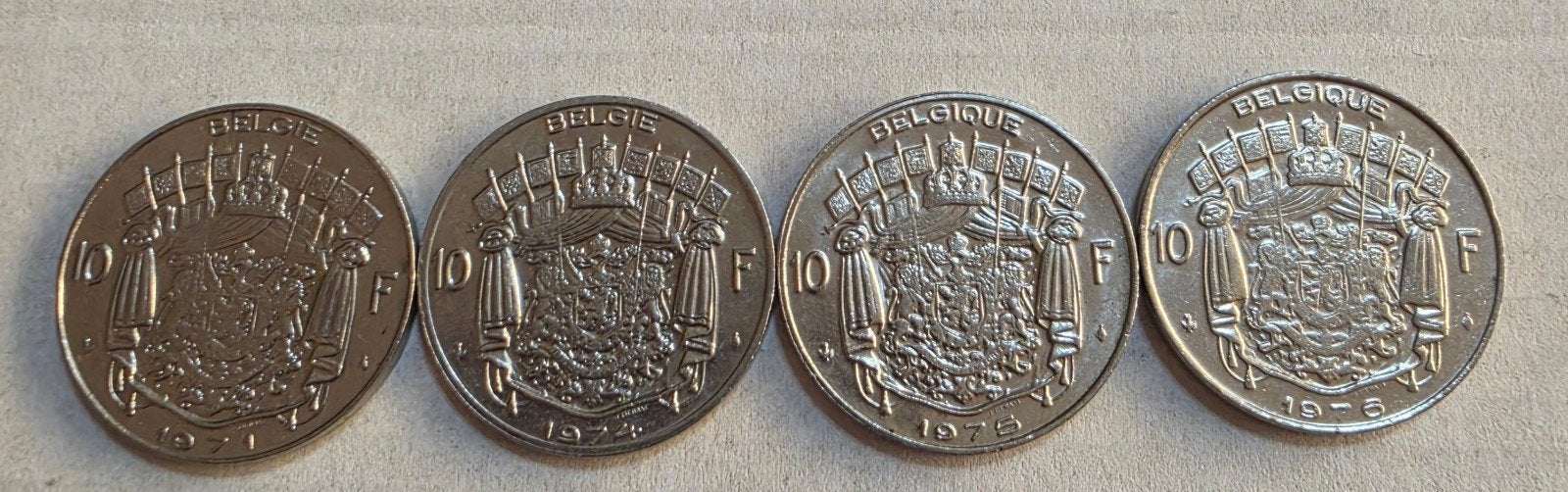 Set van 4 Belgische 10 Frank munten (1971-1976), Ophalen of Verzenden, Metaal, Setje