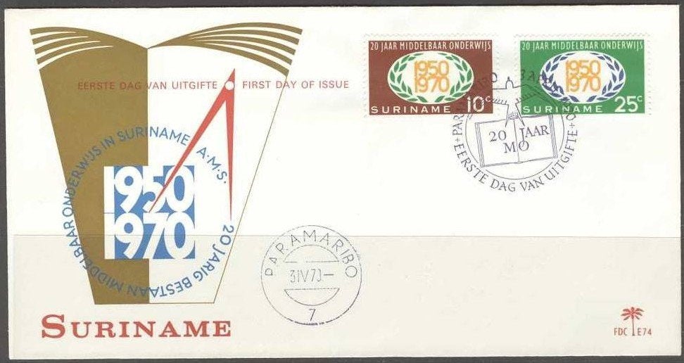 Suriname 1970 - FDC E74 - 20 jaar Middelbaar Onderwijs, Postzegels en Munten, Ophalen of Verzenden