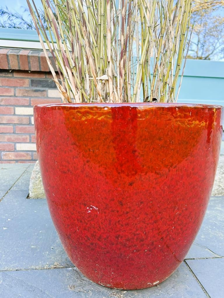 2x Plantenpot geglazuurd aardewerk met bamboe, Tuin en Terras, Bloempotten, Ophalen, Rond, Zo goed als nieuw, Aardewerk