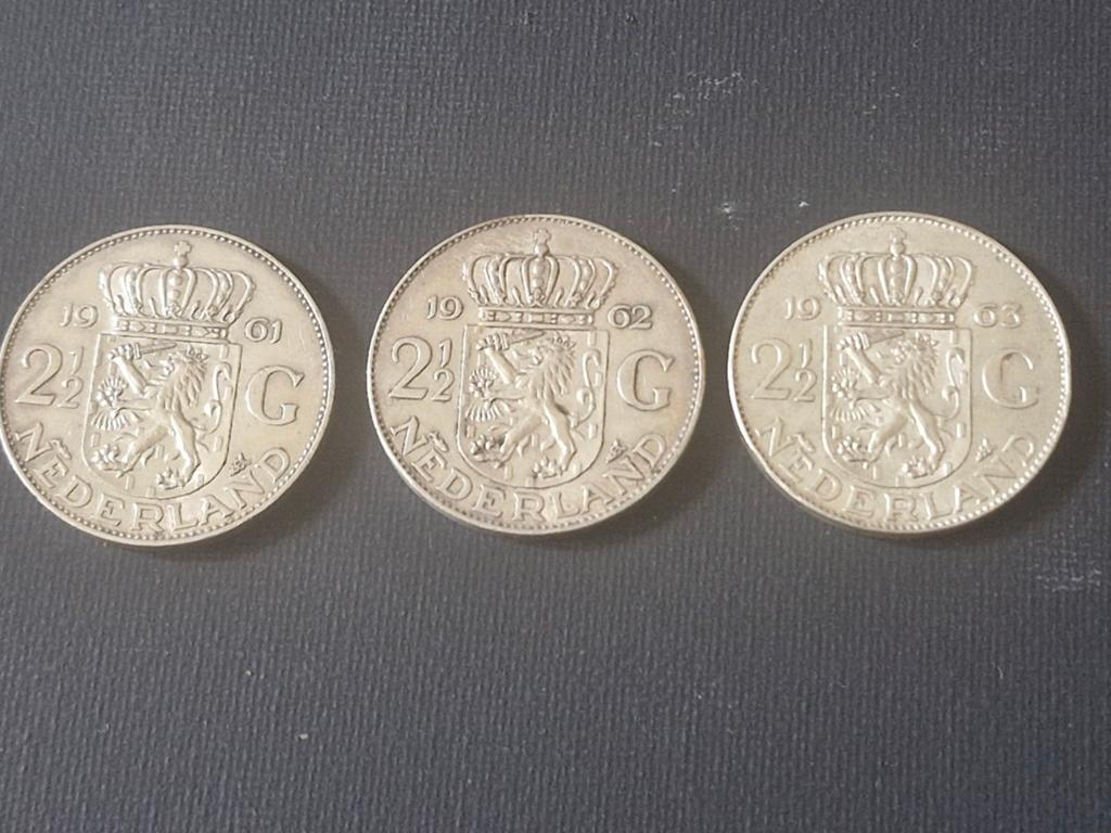 Set van 3 zilveren 2,5 gulden munten Juliana 1961-1963, Koningin Juliana, Setje, Zilver, Ophalen of Verzenden