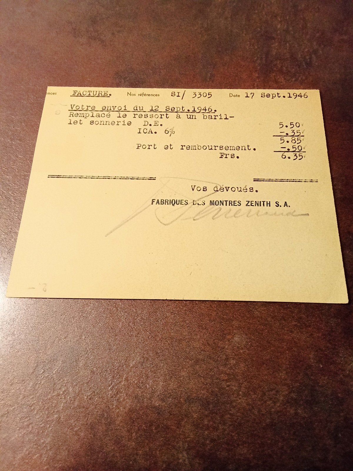 Zenith horlogefactuur en envelop uit 1946 Zwitserland, Ophalen of Verzenden, Briefkaart