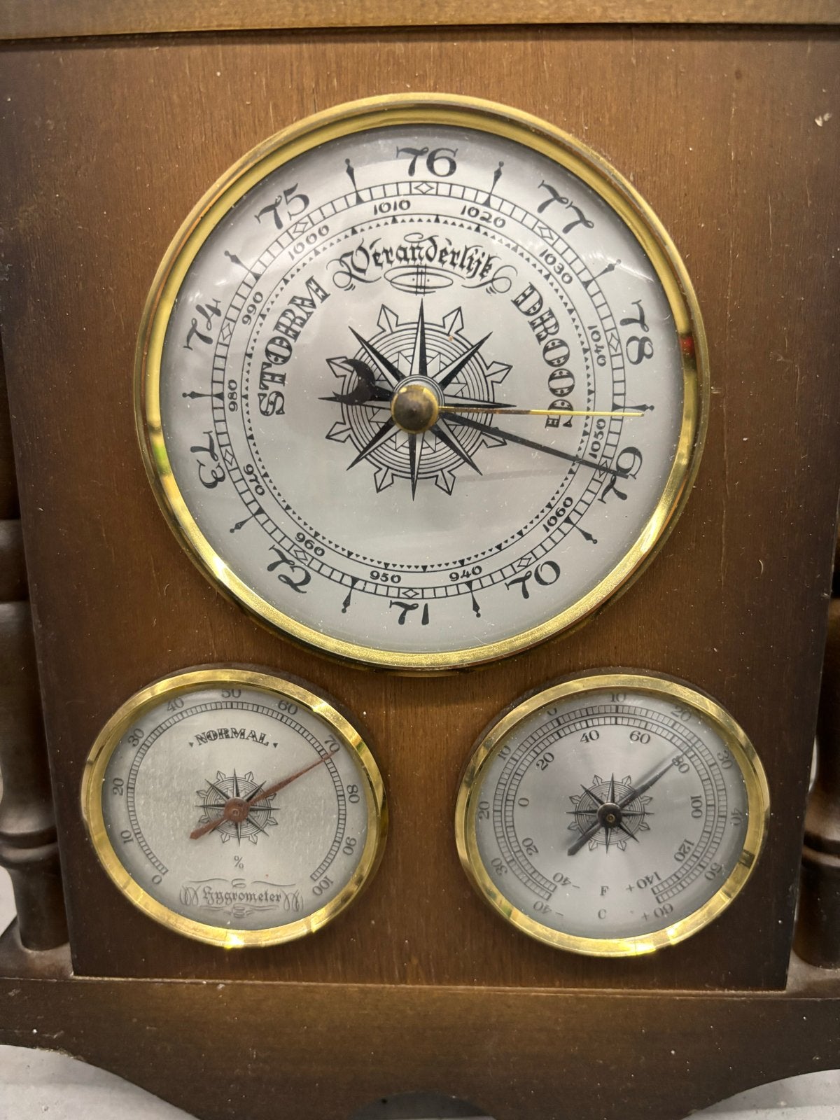 Vintage Houten Weerstation met Barometer en Thermometer, Ophalen, Gebruikt, Weerstation