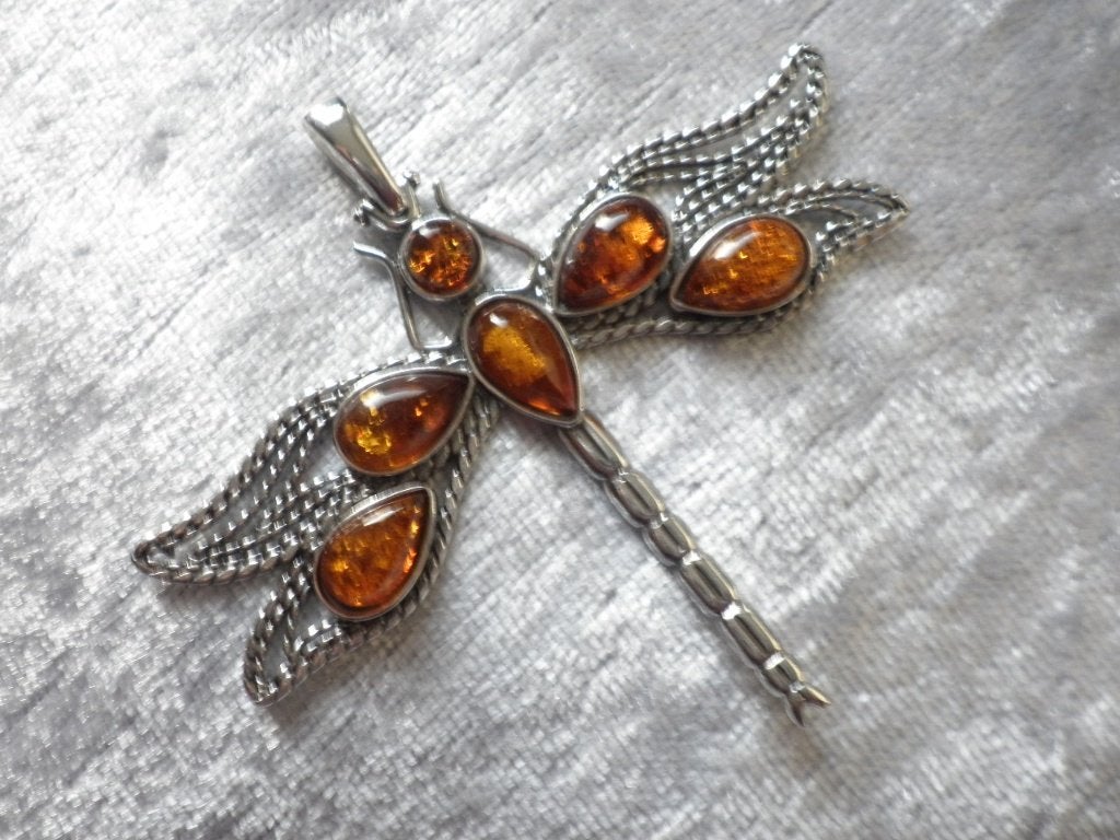 Prachtige Grote Zilveren Hanger met Barnstenen - Libelle, Verzenden, Zilver, Hanger, Met edelsteen