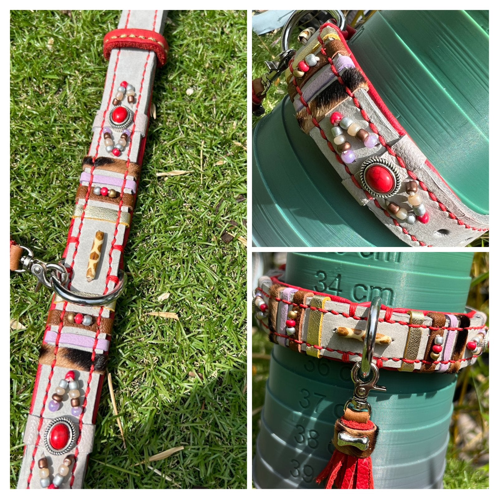 Fraaie halsband pastelgrijs leer koraal nappa 29-38 cm kraal, Ophalen of Verzenden, Handgemaakt, Nieuw
