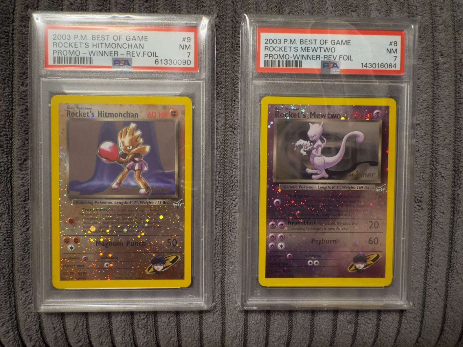 PSA 7 Rocket's Hitmonchan & Mewtwo Promo Rev. Foil, Ophalen of Verzenden, Gebruikt, Meerdere kaarten, Foil