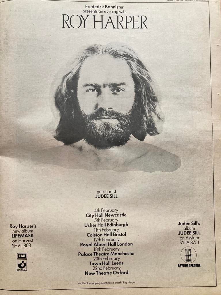 Paginagrote A3 advertentie ROY HARPER tour JUDEE SILL, Ophalen of Verzenden, Gebruikt, A1 t/m A3