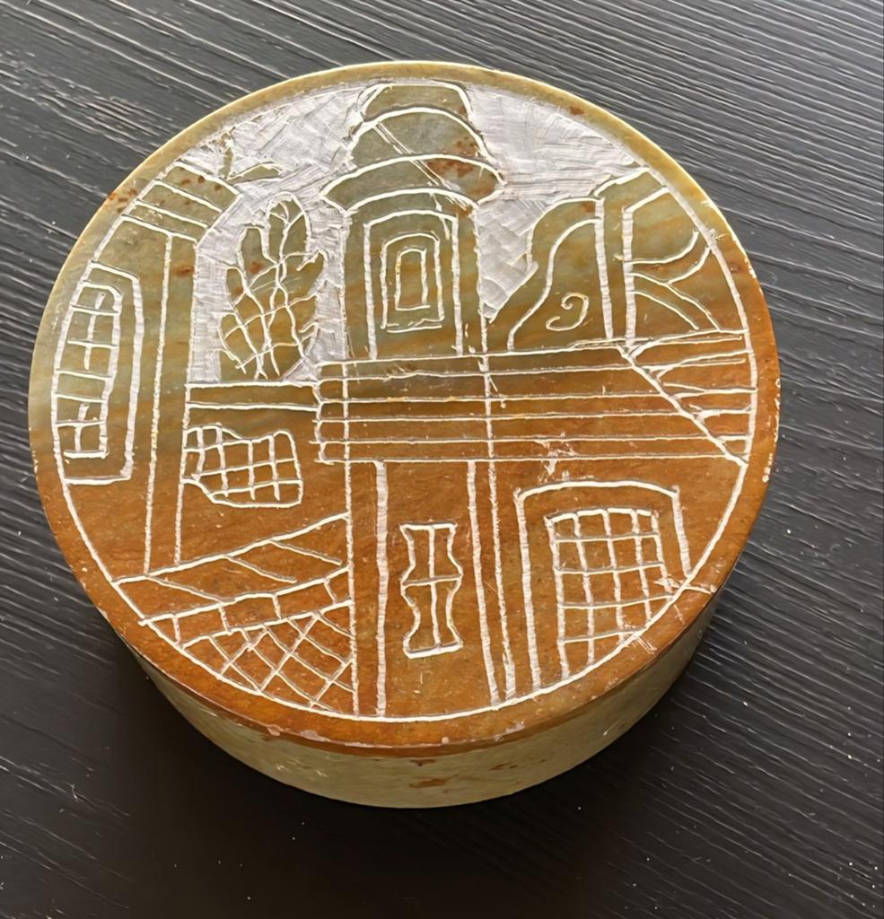 Vintage Jade Stenen Doosje met Gravering, Antiek en Kunst, Ophalen of Verzenden