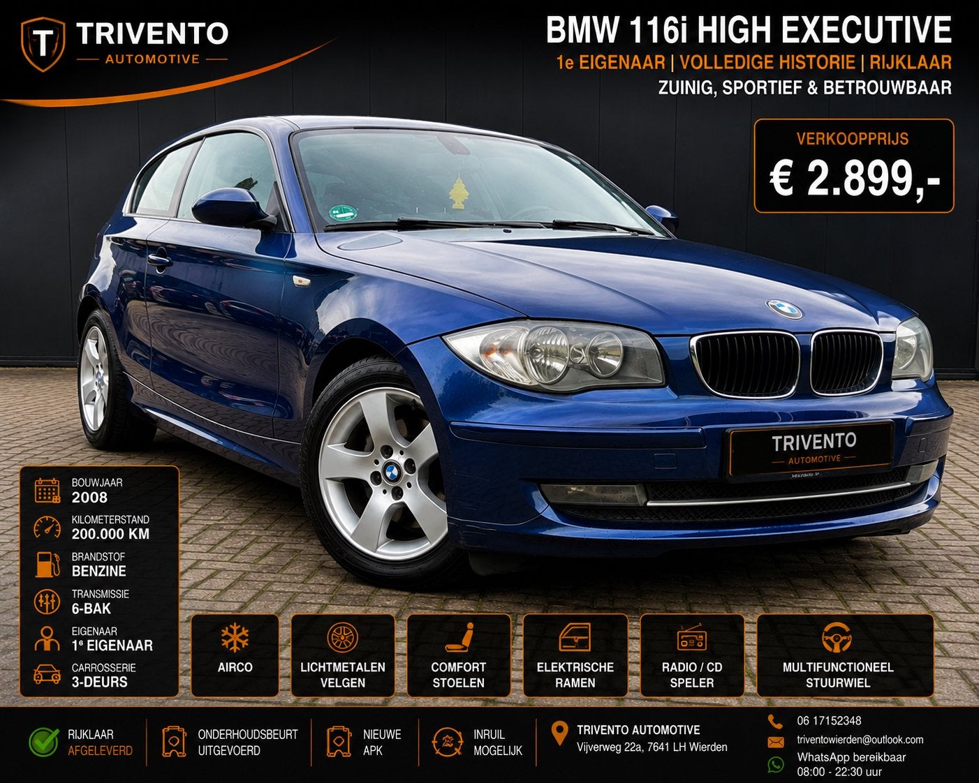 Bmw 116i /High Exe / 6 versnellingen MOOI, Auto's, BMW, 1250 kg, 4 cilinders, Met garantie (alle), Blauw