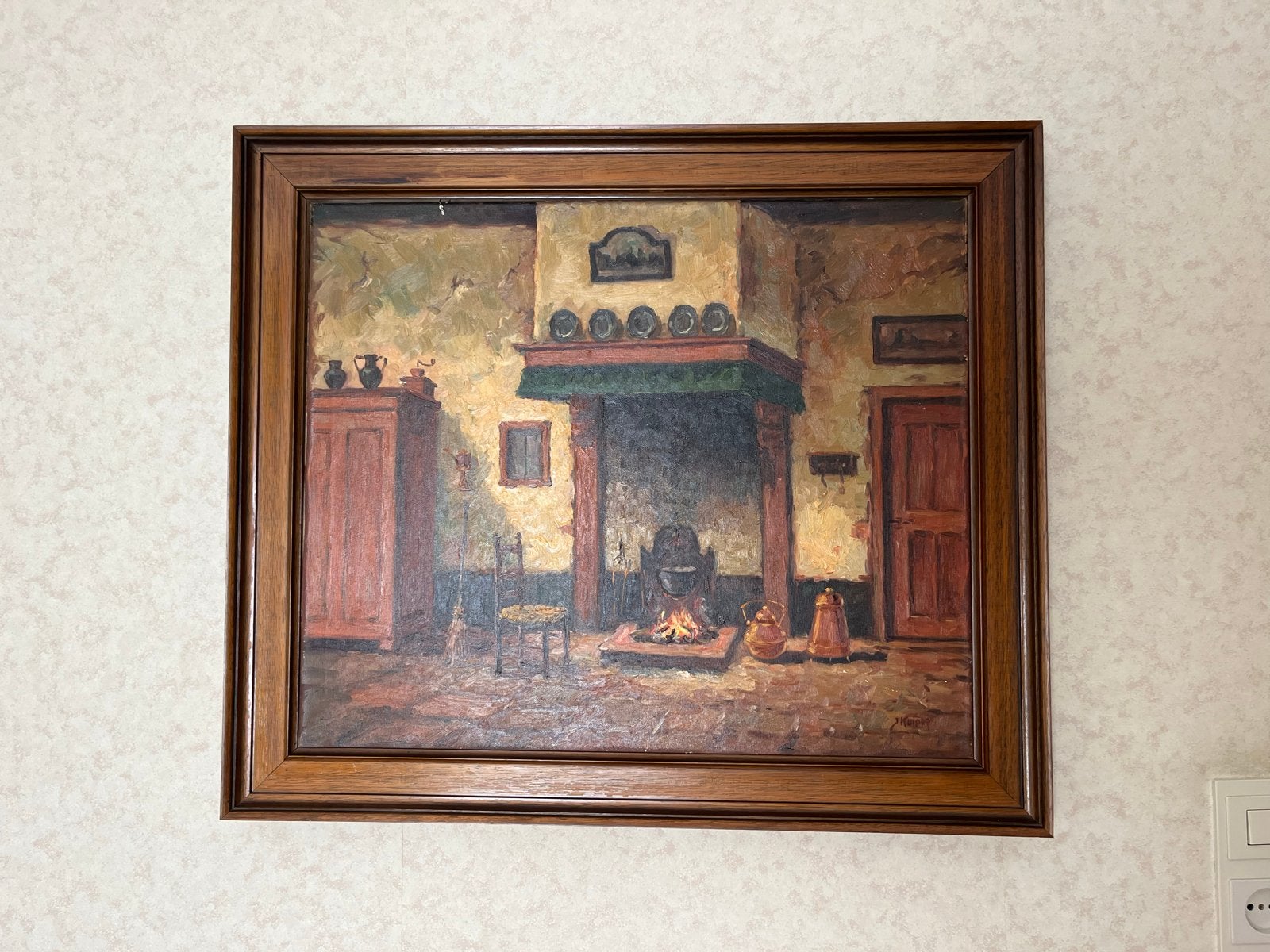 Schilderij Jan Kuiper - Interieur met open haard, Antiek en Kunst, Doek, Ophalen of Verzenden, Gesigneerd, Olieverf