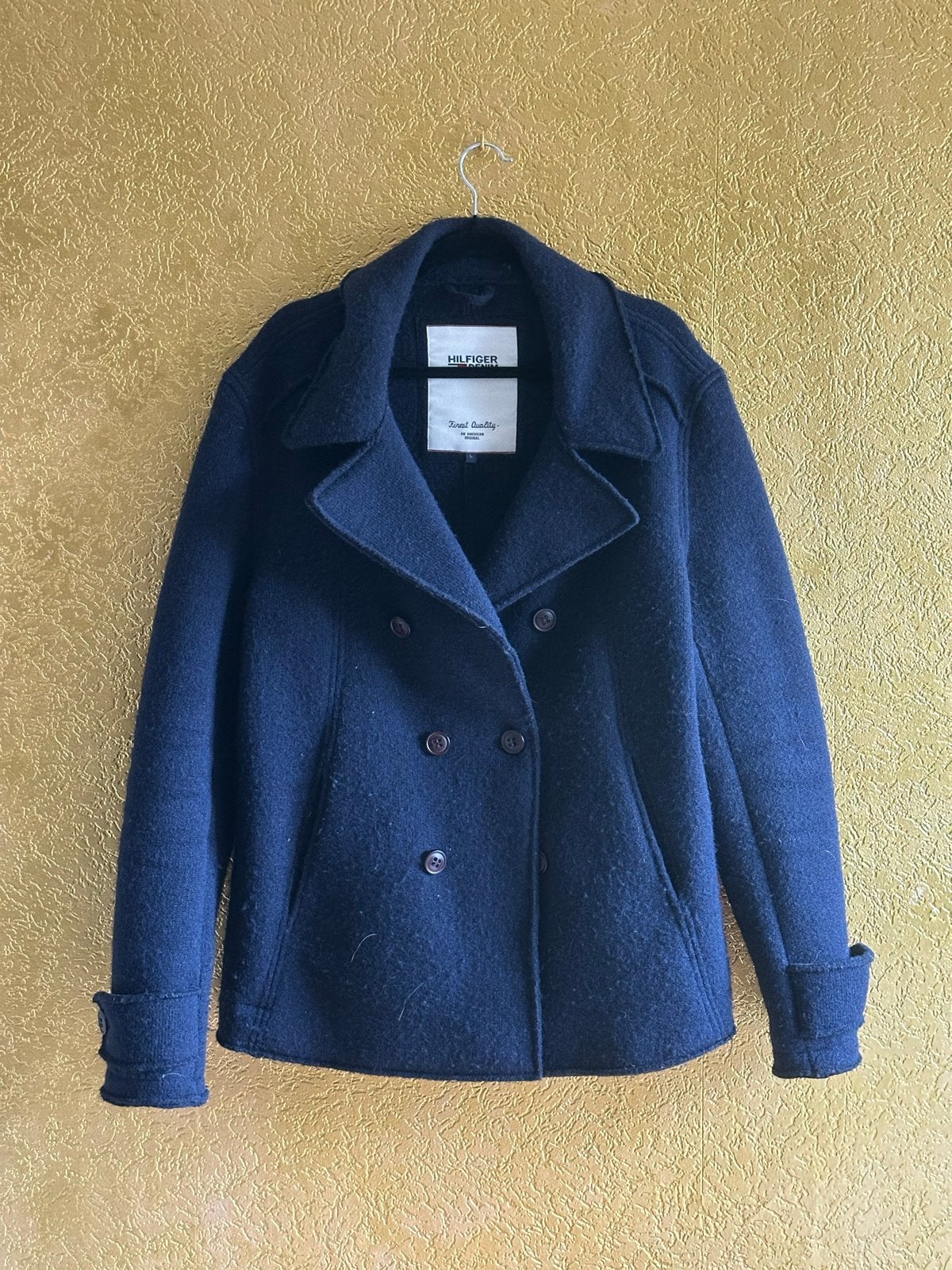 Tommy Hilfiger Denim Peacoat - Donkerblauw Wollen Jas, Kleding | Heren, Ophalen of Verzenden, Zo goed als nieuw, Maat 52/54 (L)