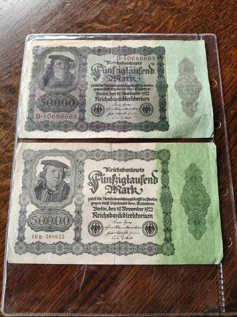 2x 50.000 Mark biljetten Duitsland 1922, Postzegels en Munten, Bankbiljetten | Europa | Niet-Eurobiljetten, Ophalen of Verzenden