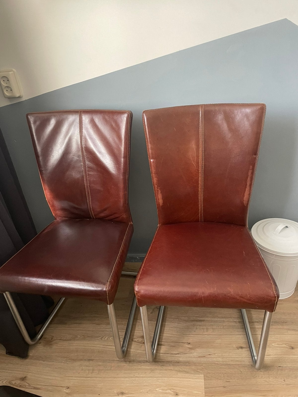 4 leren eetkamerstoelen, Ophalen, Gebruikt, Bruin, Leer