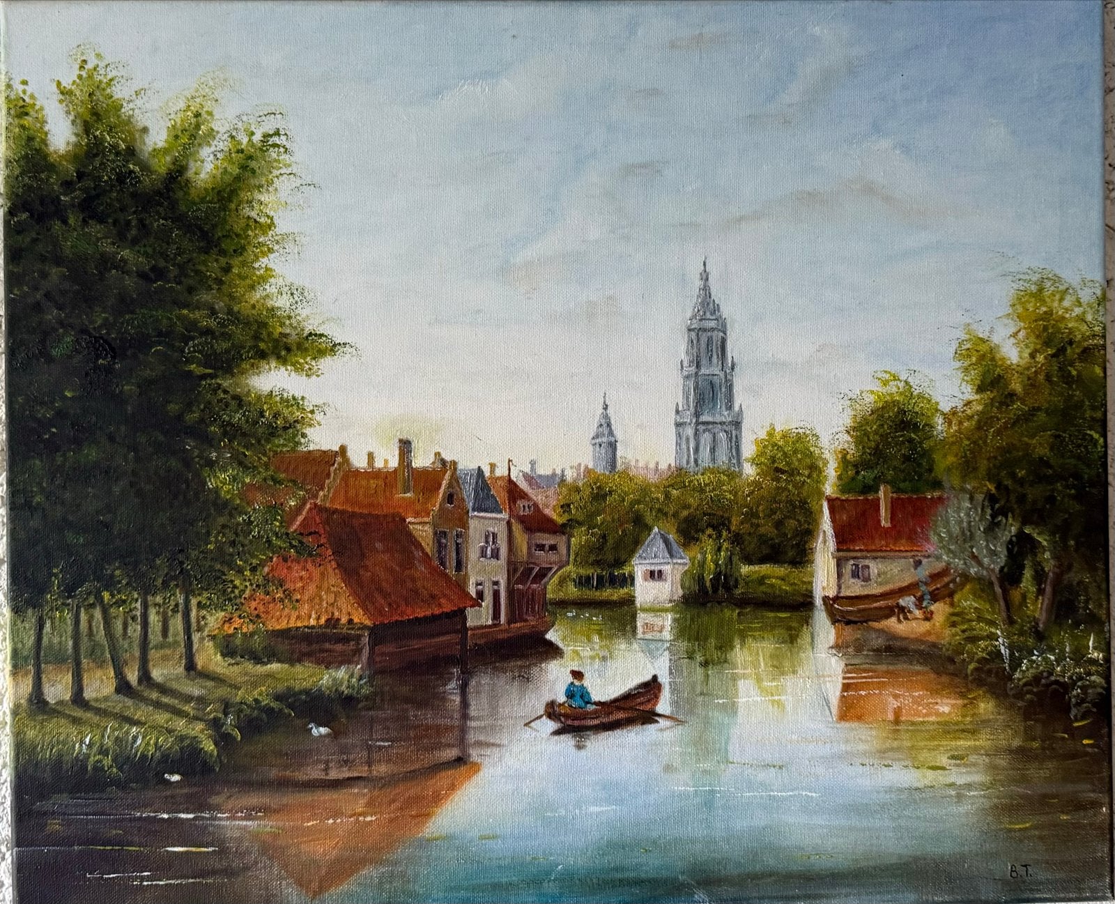 Toren aan het water - Schilderij van Bert Theunissen, Antiek en Kunst, Doek, Realistisch, Ophalen of Verzenden, Gesigneerd