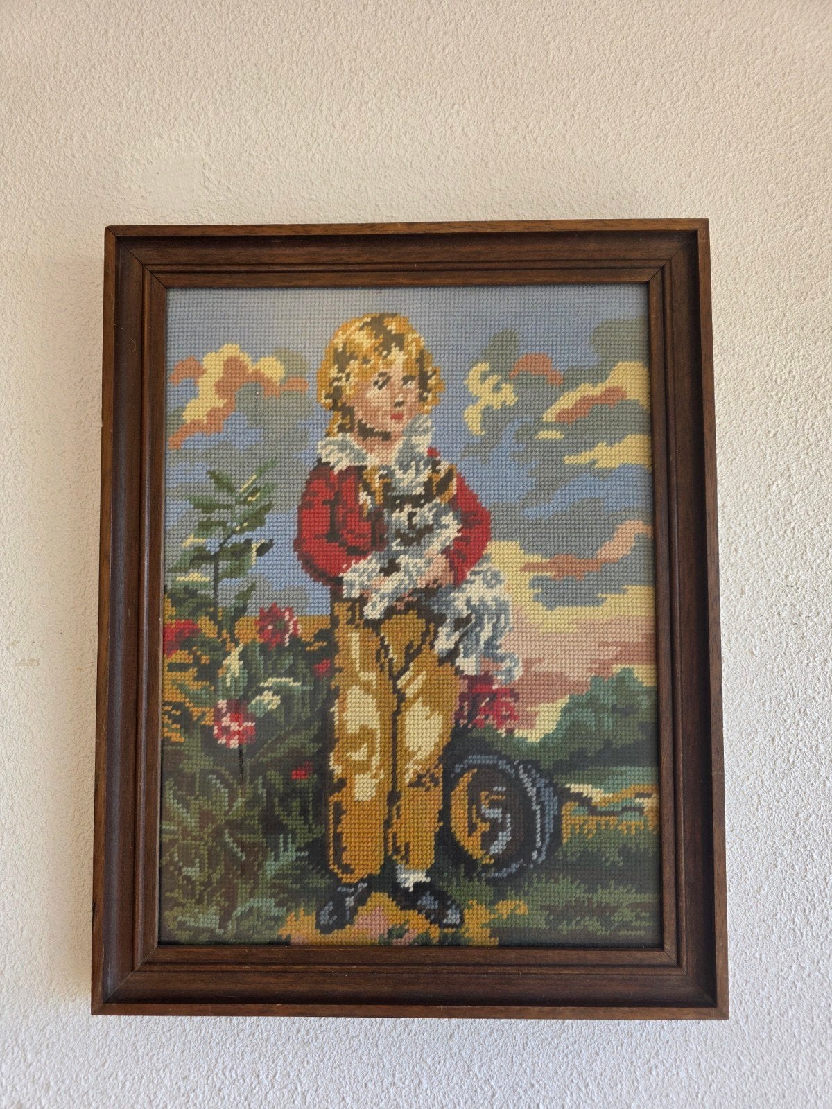 Vintage borduurwerk Master Simpson – jongen met hond, ., Overige typen, Ophalen of Verzenden, Zo goed als nieuw