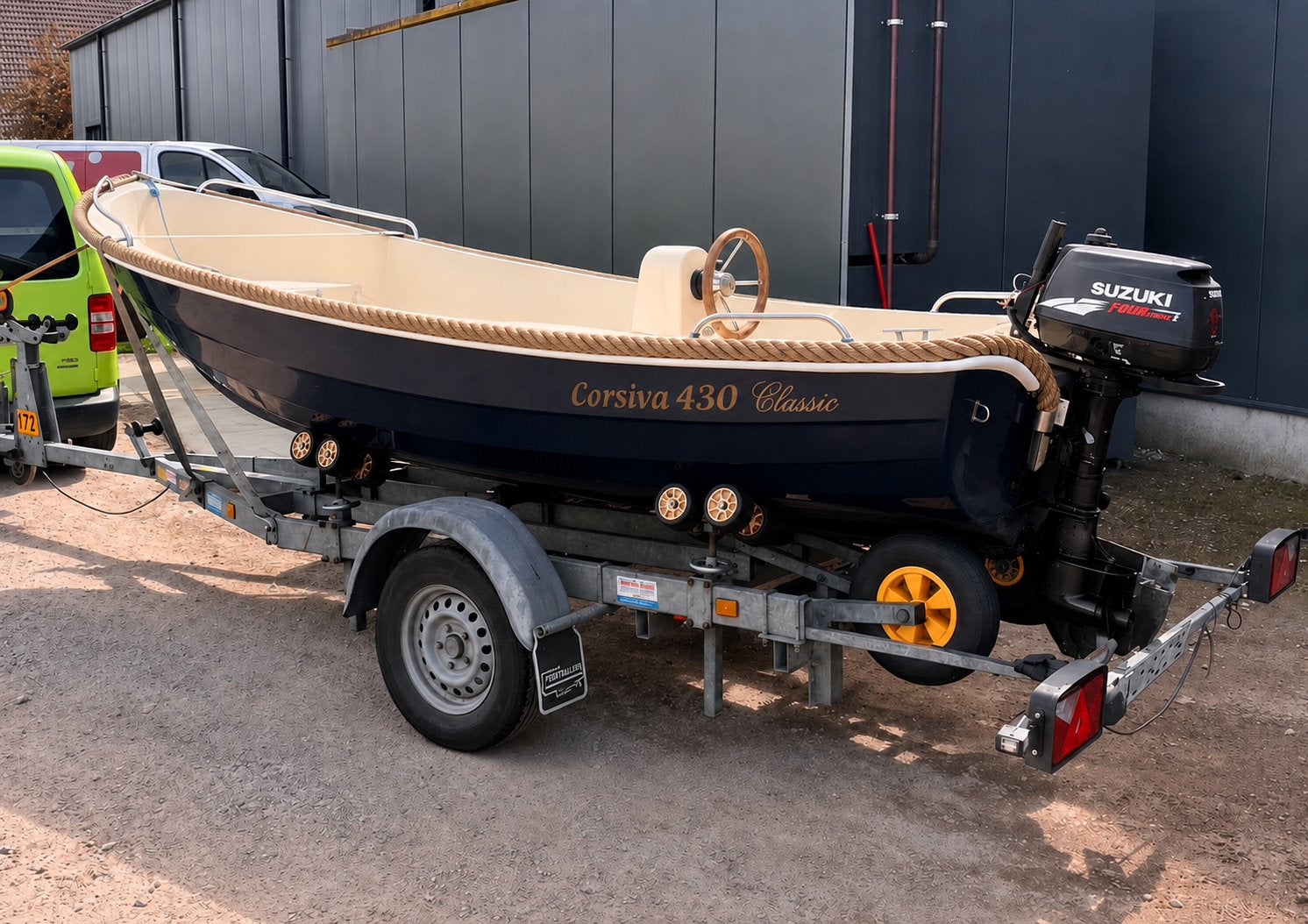 Corsiva 430 Classic met 6 pk Suzuki buitenboordmotor, Ophalen, Gebruikt, Buitenboordmotor, Trailer