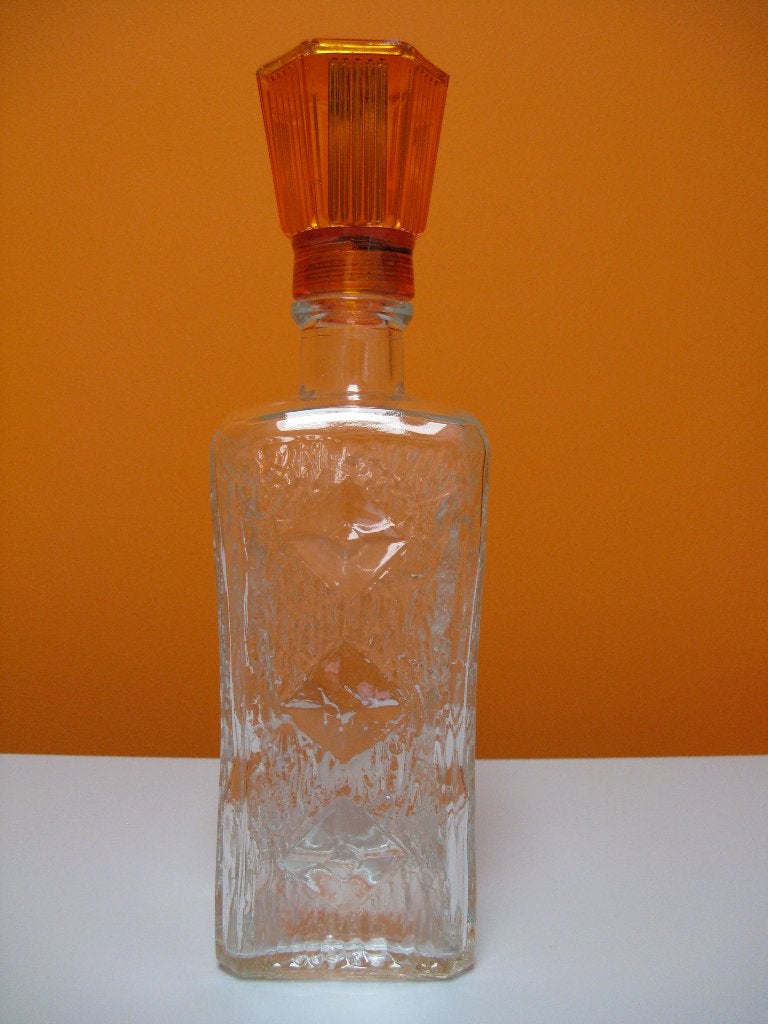 vintage helder glazen fles met oranje kunststof schroefdop, Verzenden