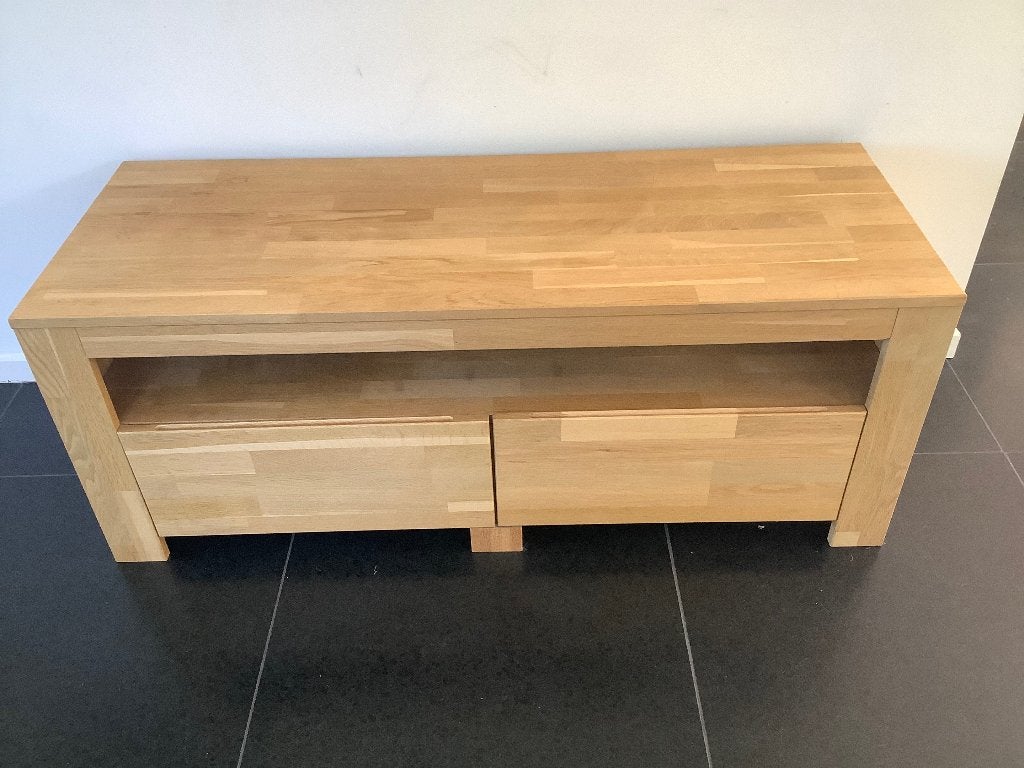 TV meubel, Ophalen, 100 tot 150 cm, Eikenhout, Zo goed als nieuw